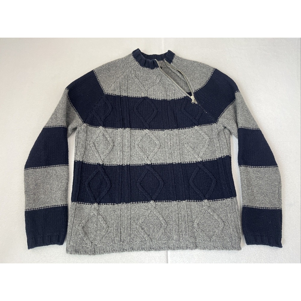 Sisley Womens Wool Diagonal Zip Sweater Medium Blue Grey Striped Made in Italy